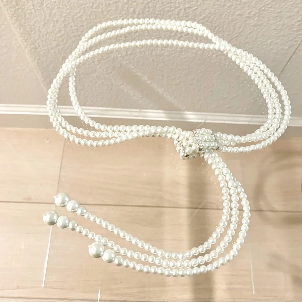🐚 Triple Strand Glass Pearl Crystals Lariat Choker Statement Necklace - Picture 4 of 7